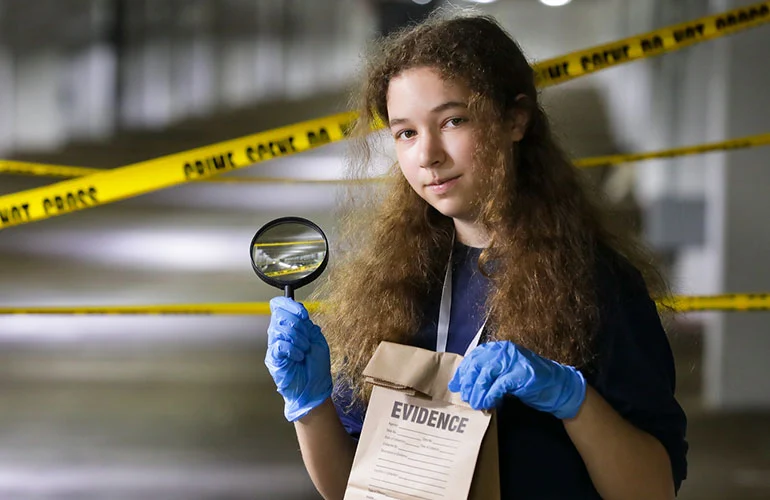 High school students exploring forensic science through RISE Research and STEM summer programs; teen girl holds evidence bag and magnifying glass at mock crime scene.