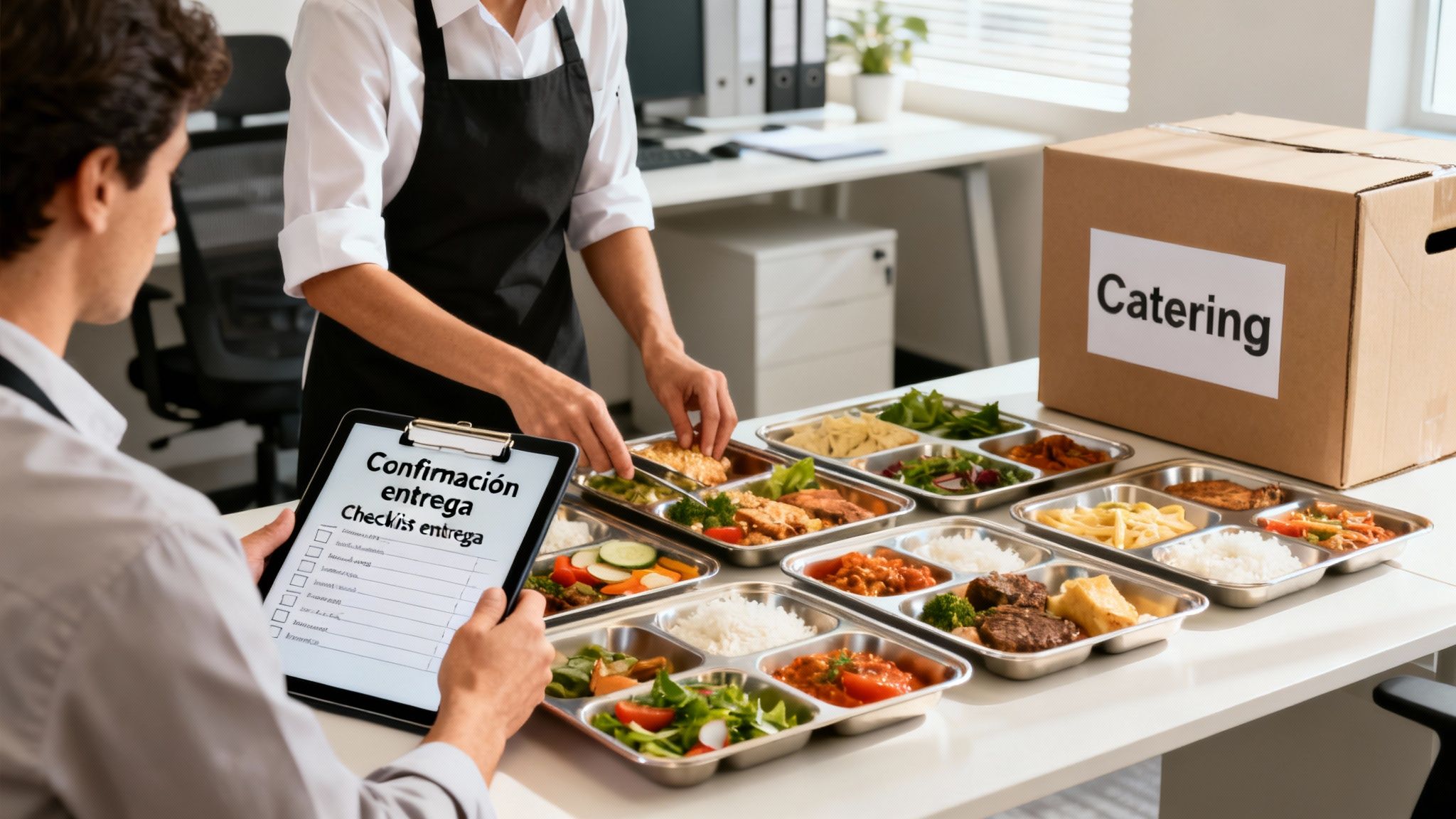 Dos personas en una oficina revisan una entrega de catering con bandejas de comida y una caja.