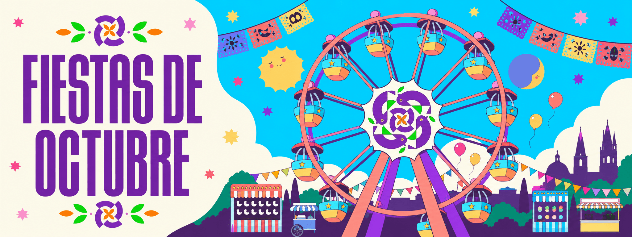 Fiestas de Octubre en Guadalajara: rueda de la fortuna y papel picado.