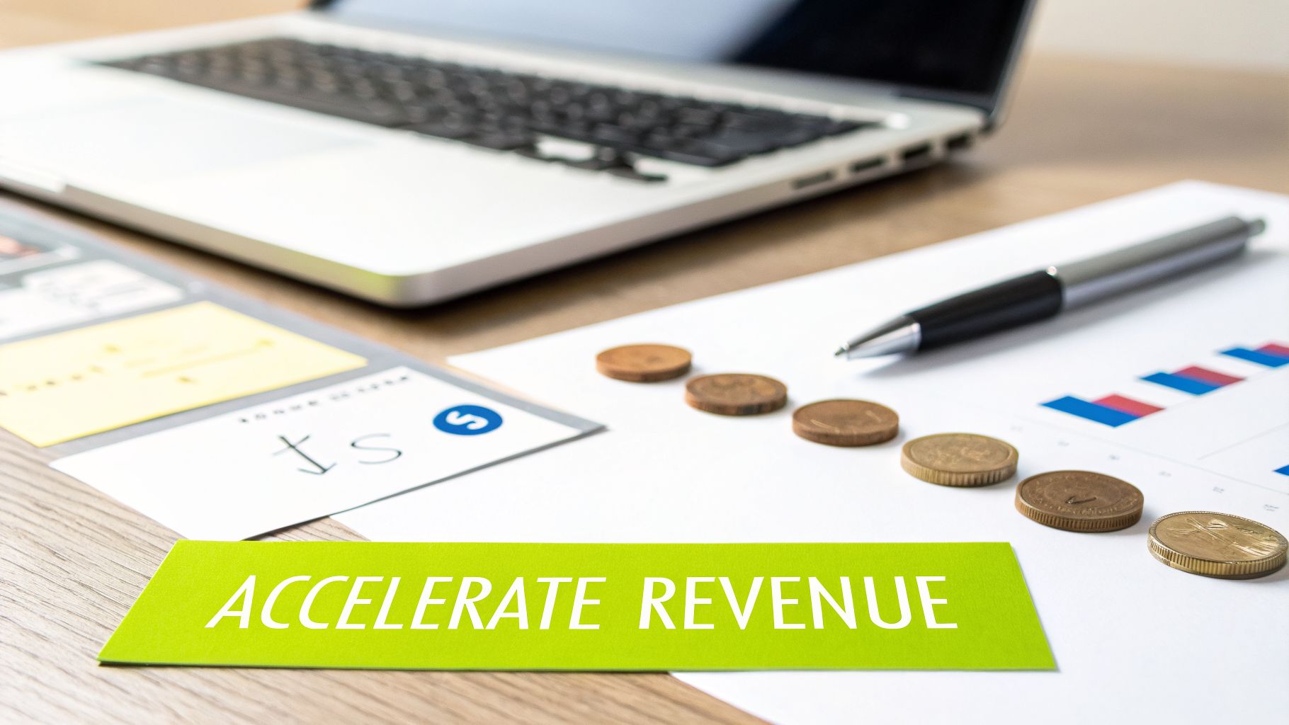 A desk with a laptop, financial documents, coins, a pen, and a banner reading 'ACCELERATE REVENUE'.