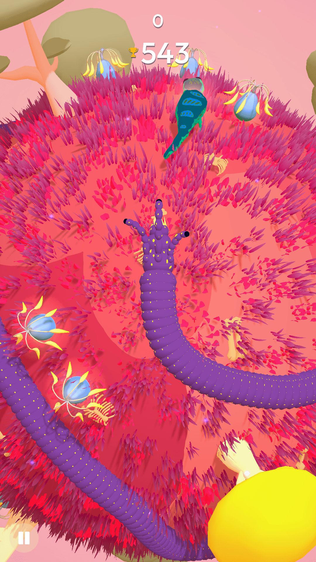 A large purple worm chasing a blue gecko on a pink planet with yellow alien trees and blue alien fruit.