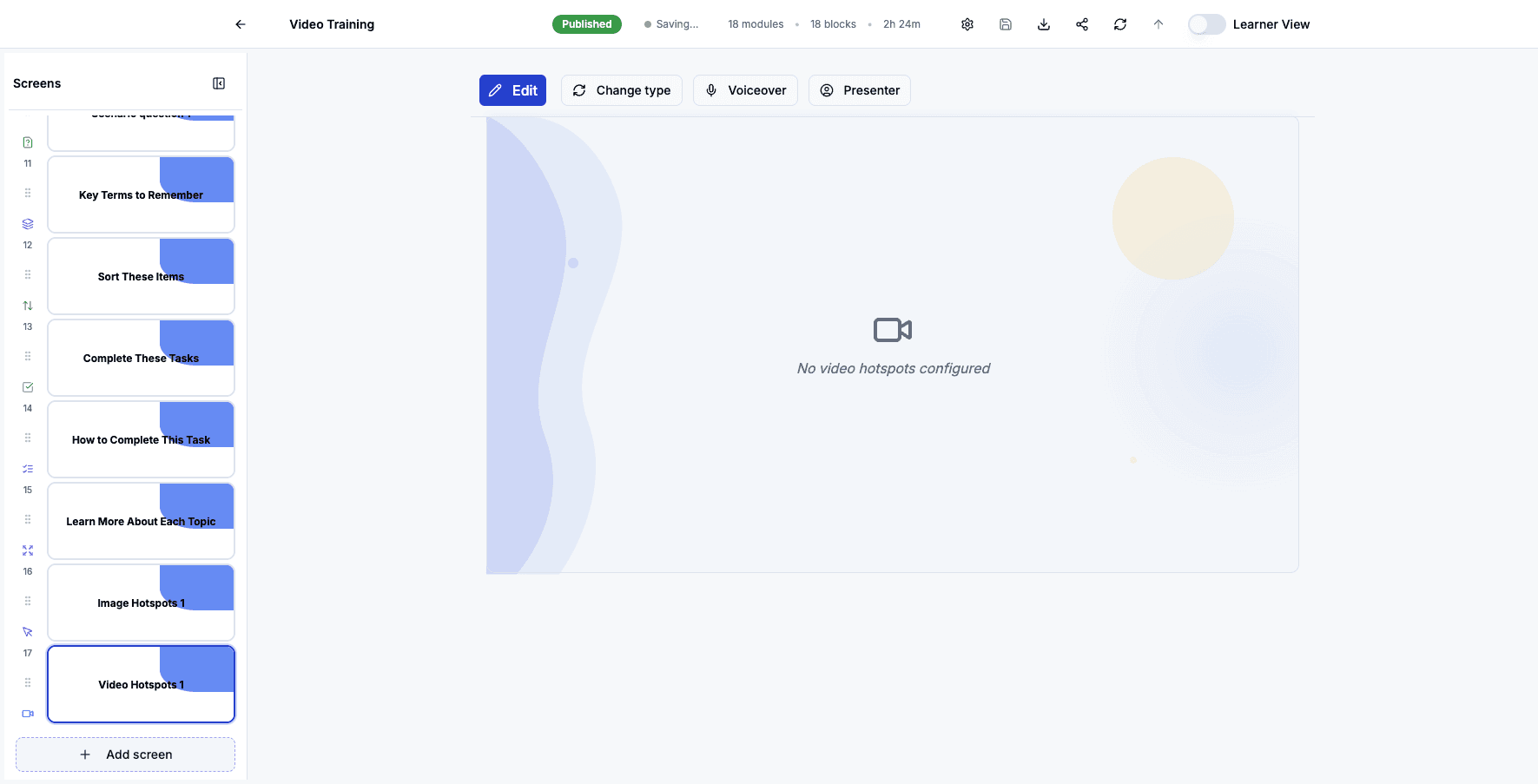 Click Add screen to add fill-in-the-blank exercises.