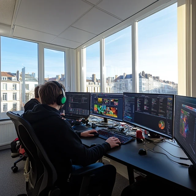  Deux personnes codent sur plusieurs écrans dans un bureau moderne.