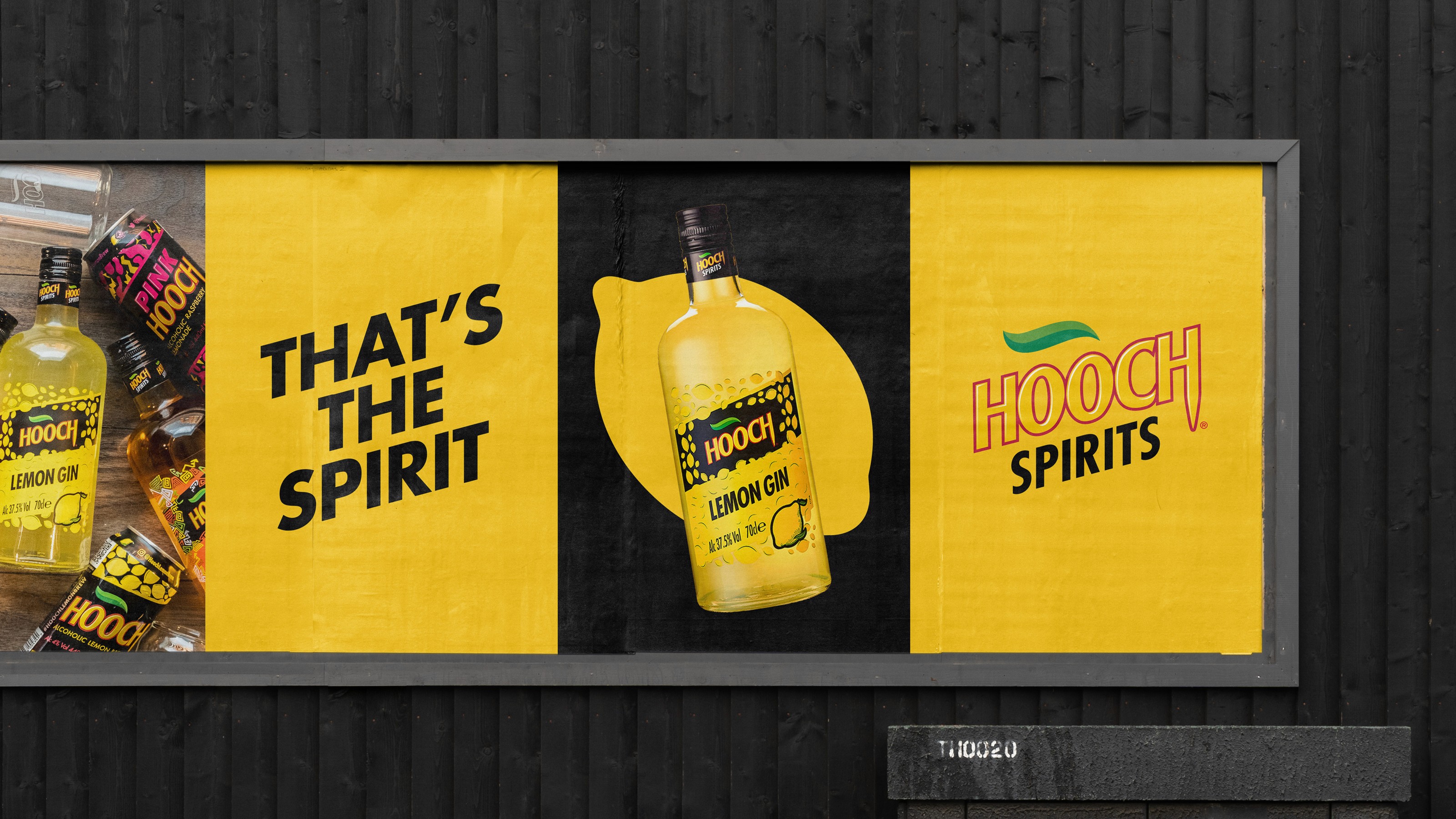 Campaign billboard mockup featuring Hooch Spirits cans and playful headline messaging.