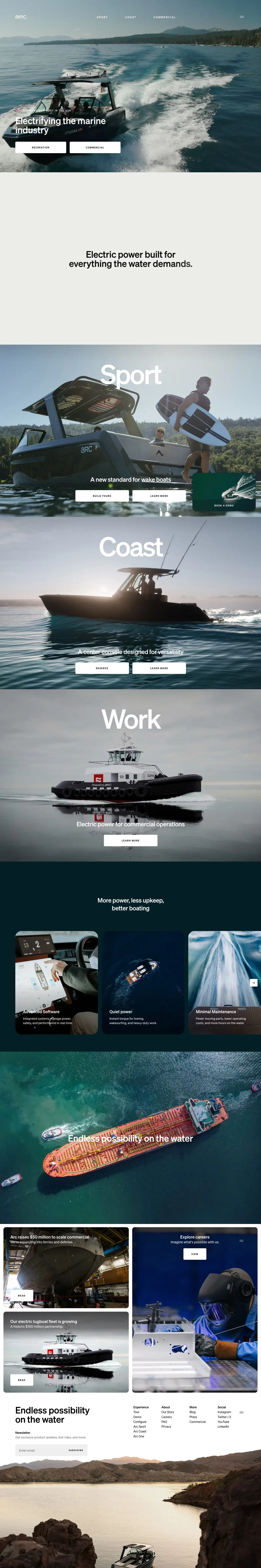 Arc - 100% Electric Boats landing page screenshot showcasing Sport design