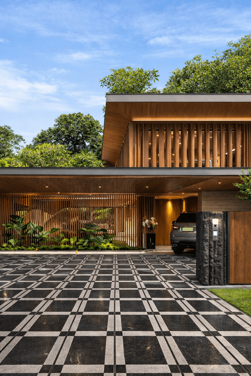 Premium stone flooring used in modern house exterior and landscape design