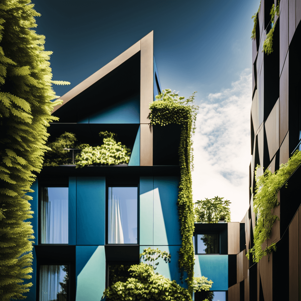 Contemporary buildings with geometric facades and extensive vertical gardens covering walls and balconies