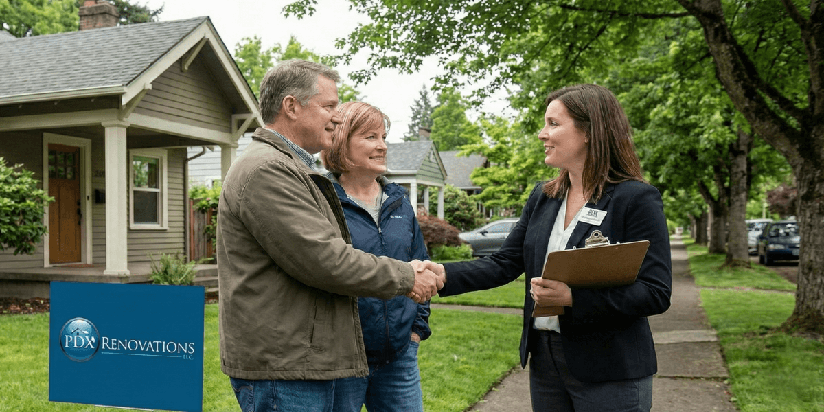 Couple shaking hands with PDX Renovations representative in front of a house, symbolizing fast home sales process.