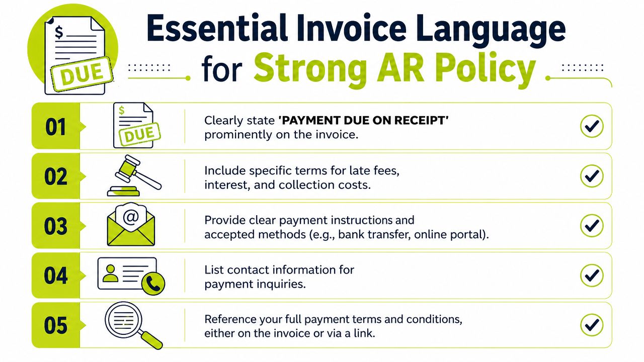 A graphic showing five essential steps to include on an invoice for strong accounts receivable policy.