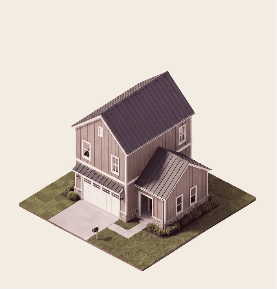 Miniature model of a finished two-story home with garage, front entry, and landscaped yard, fully enclosed and move-in ready.