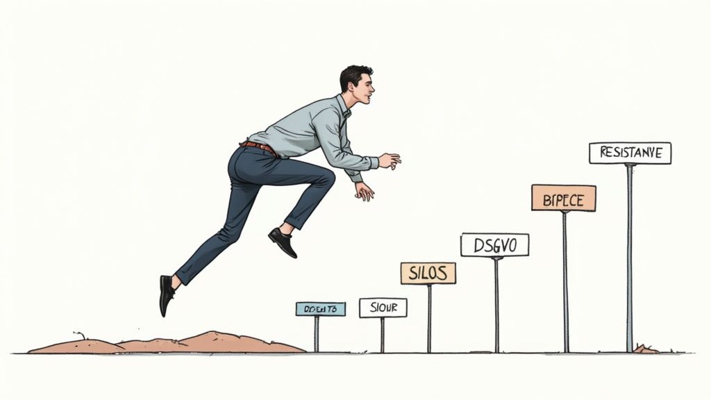 Eine Person steht vor einer Weggabelung, die zu verschiedenen digitalen Lösungen führt, was die Herausforderungen bei der Wahl und Integration symbolisiert.