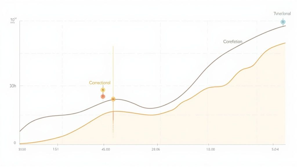 Line graph showing correctional and tunetional cryptocurrency growth trends over time with exponential increase