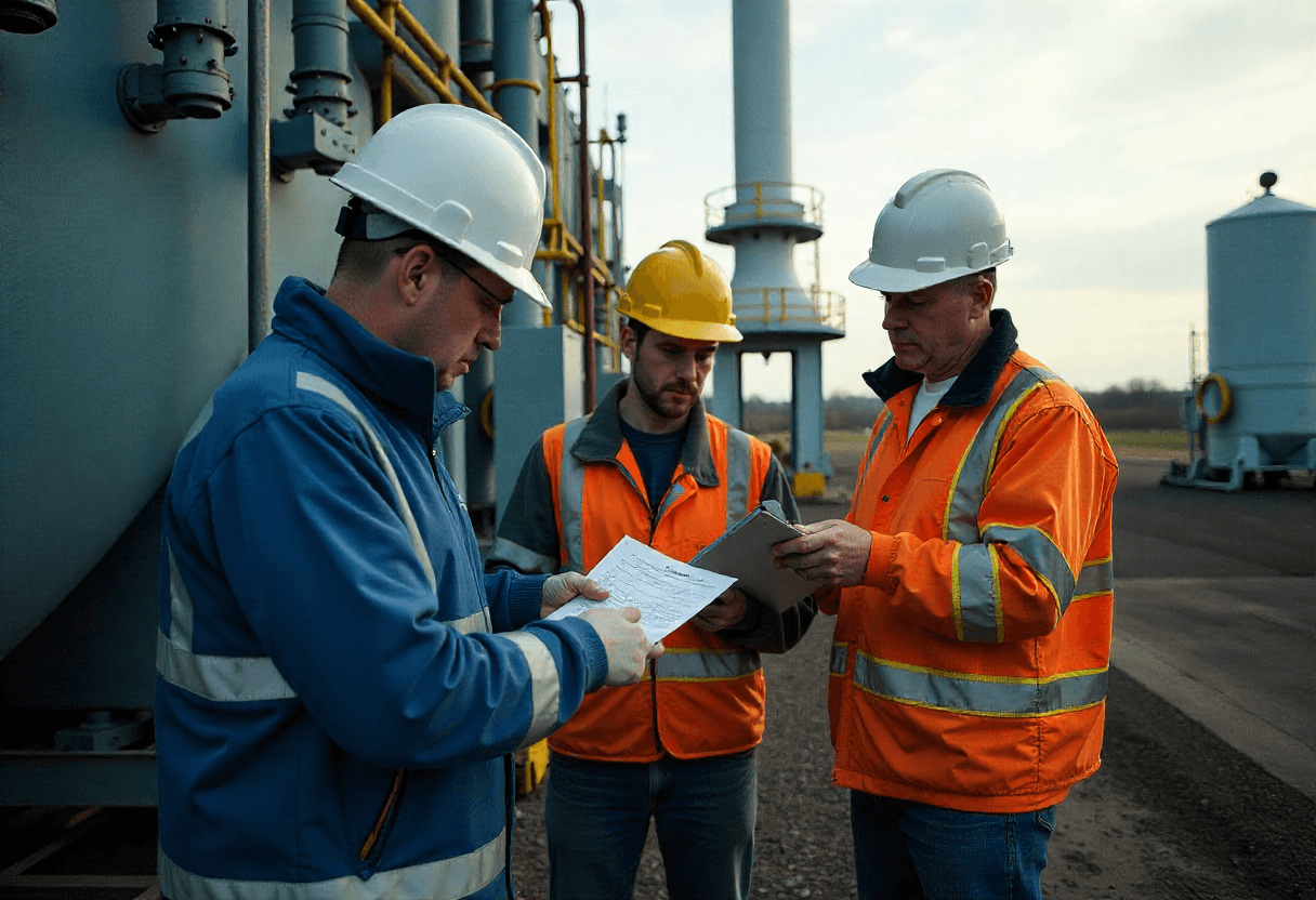 A man stands while two people sit at a table in an office setting, smiling and engaged in conversation. The mood is friendly and collaborative.