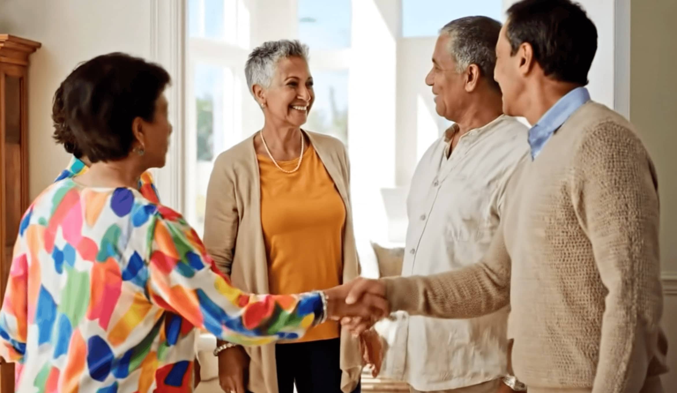 Happy friends greeting each other in a clean, welcoming Coffs Harbour home freshly serviced by Pacific Breeze Cleaners.