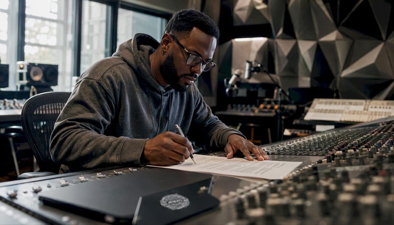 Music producer reading beat license agreement at desk