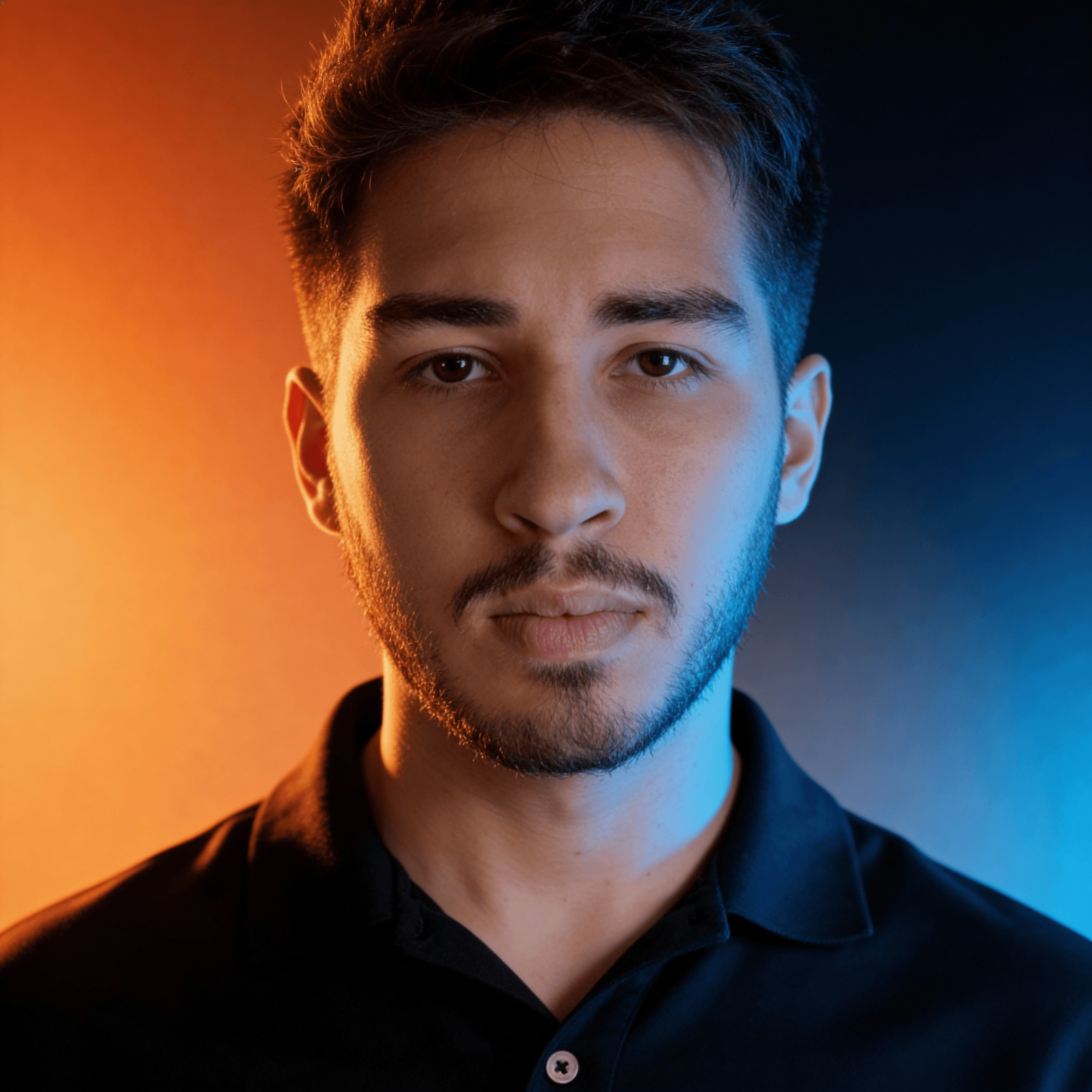 Woman in a stylish orange visor, yellow earrings, and a navy lace top against a blue backdrop. Her expression is poised, with bold red lipstick.