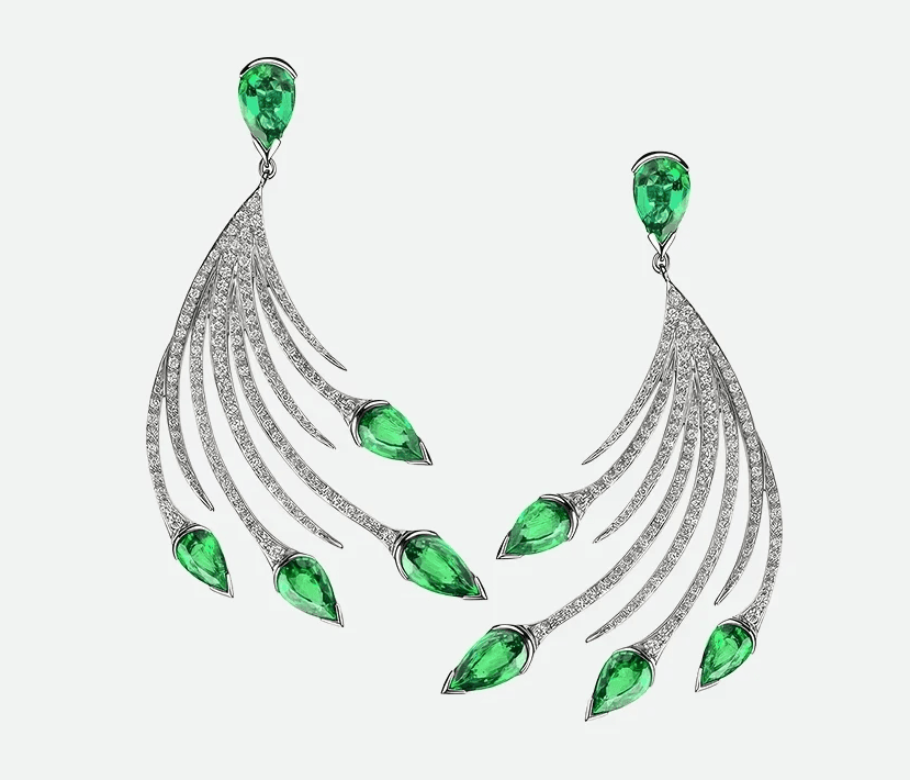 Pair of Shaun Leane fine jewellery drop earrings crafted with delicate diamond-encrusted plumes and pear-cut green emeralds.