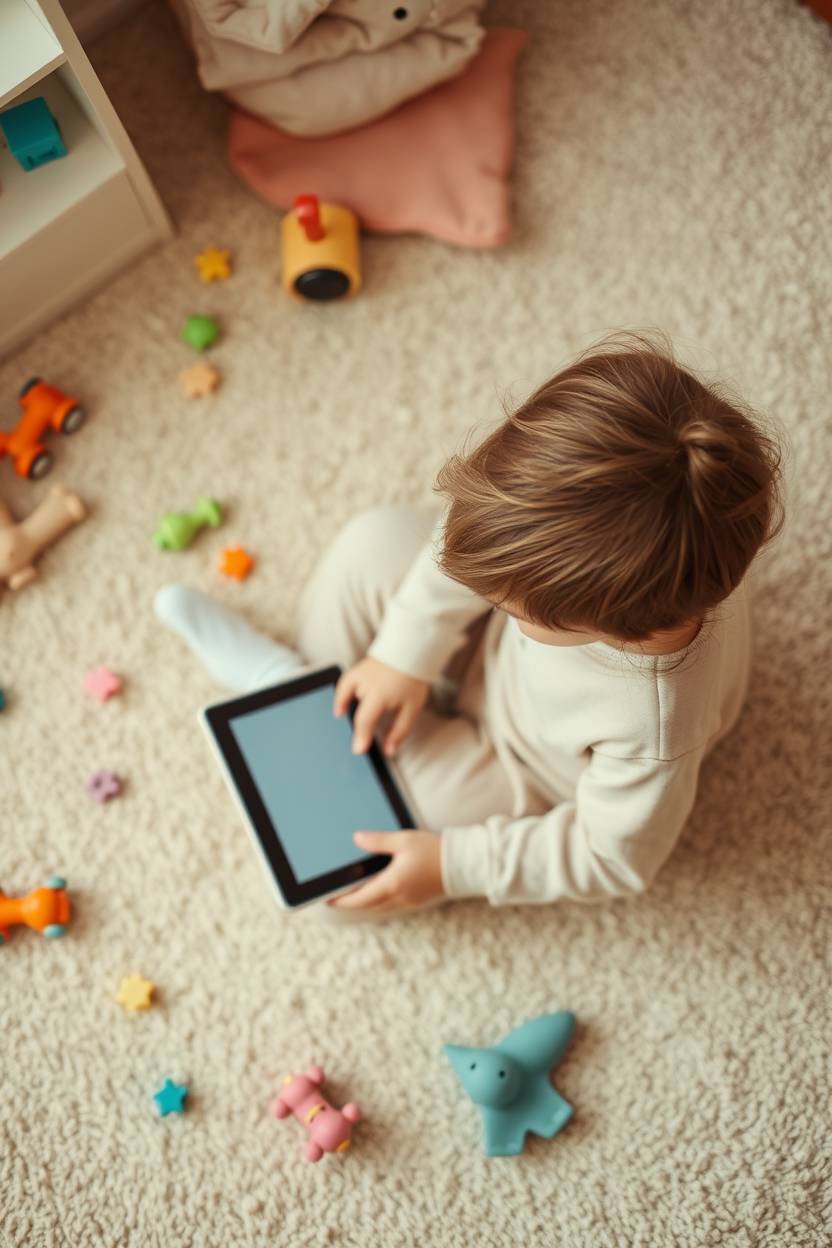 Kind spielt am Tablet in seinem Kinderzimmer auf dem Boden.