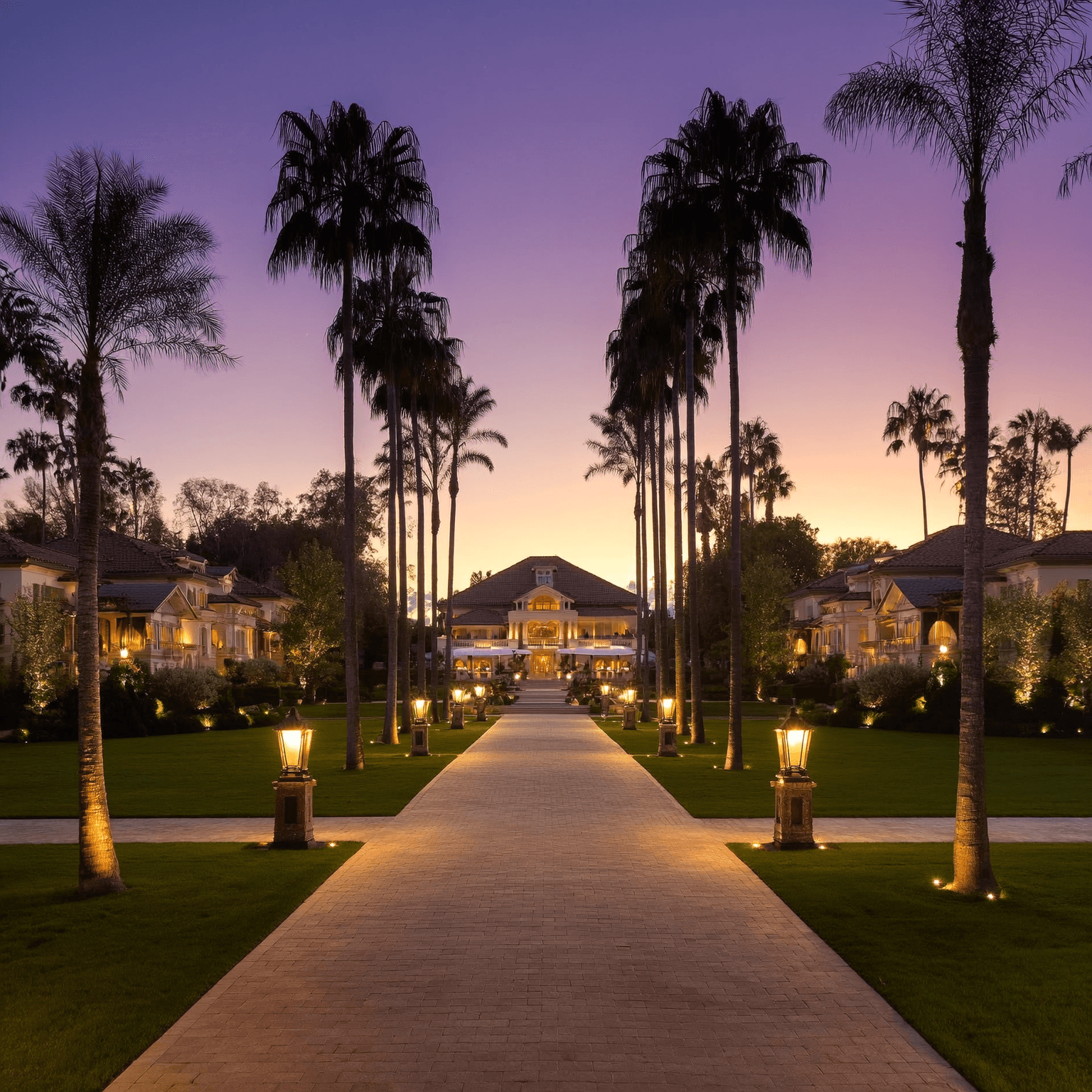 Luxury Florida community entrance at sunset, perfectly maintained.