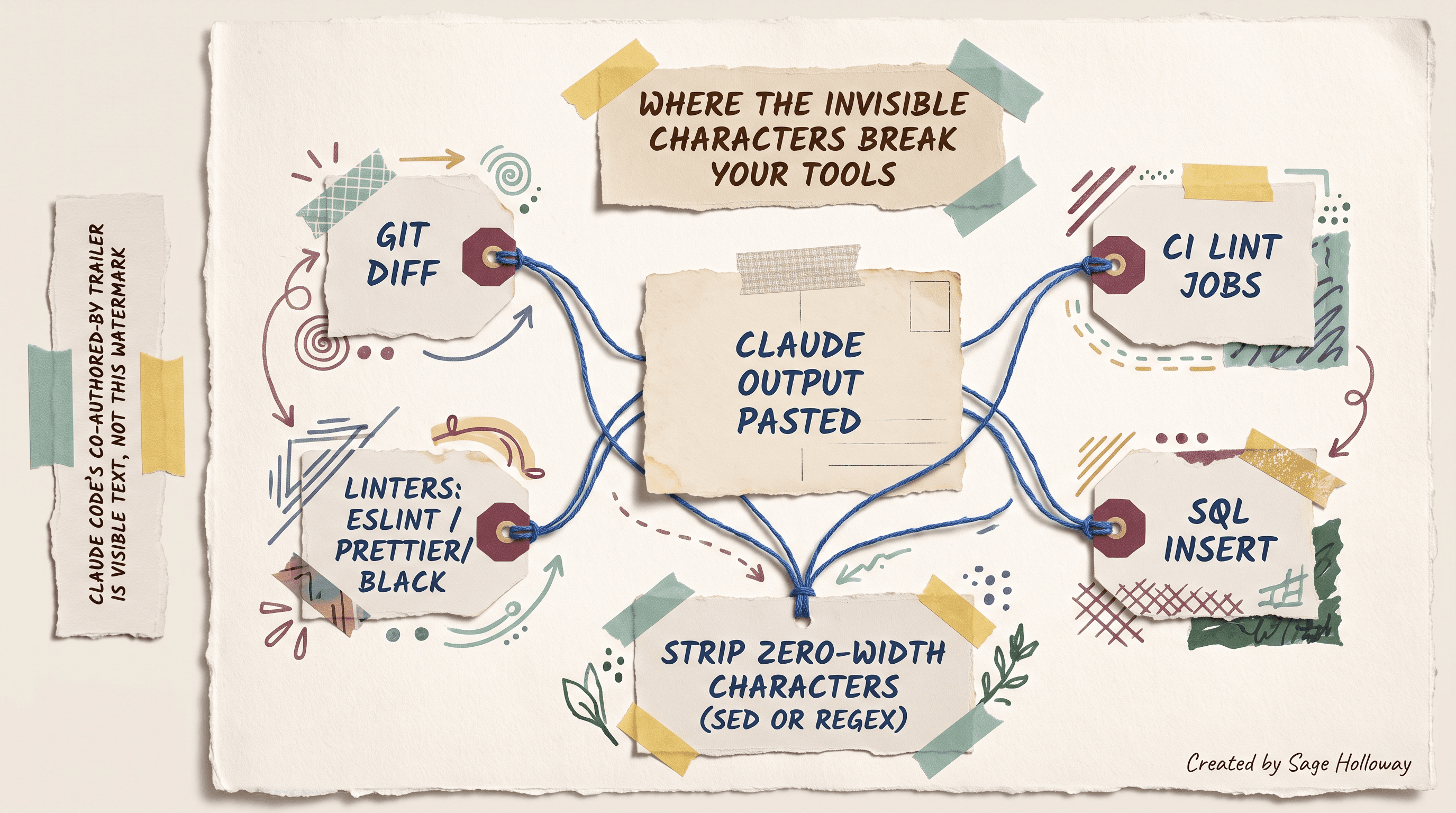 Diagram showing invisible zero-width characters breaking git diff, linters, CI lint jobs, and SQL inserts, converging on one strip-character fix