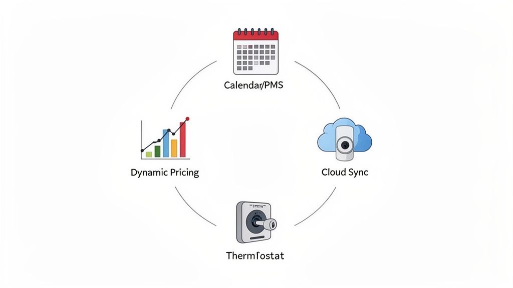 A diagram illustrating key features for short-term rental management: Calendar/PMS, Cloud Sync, Dynamic Pricing, and Thermostat control.