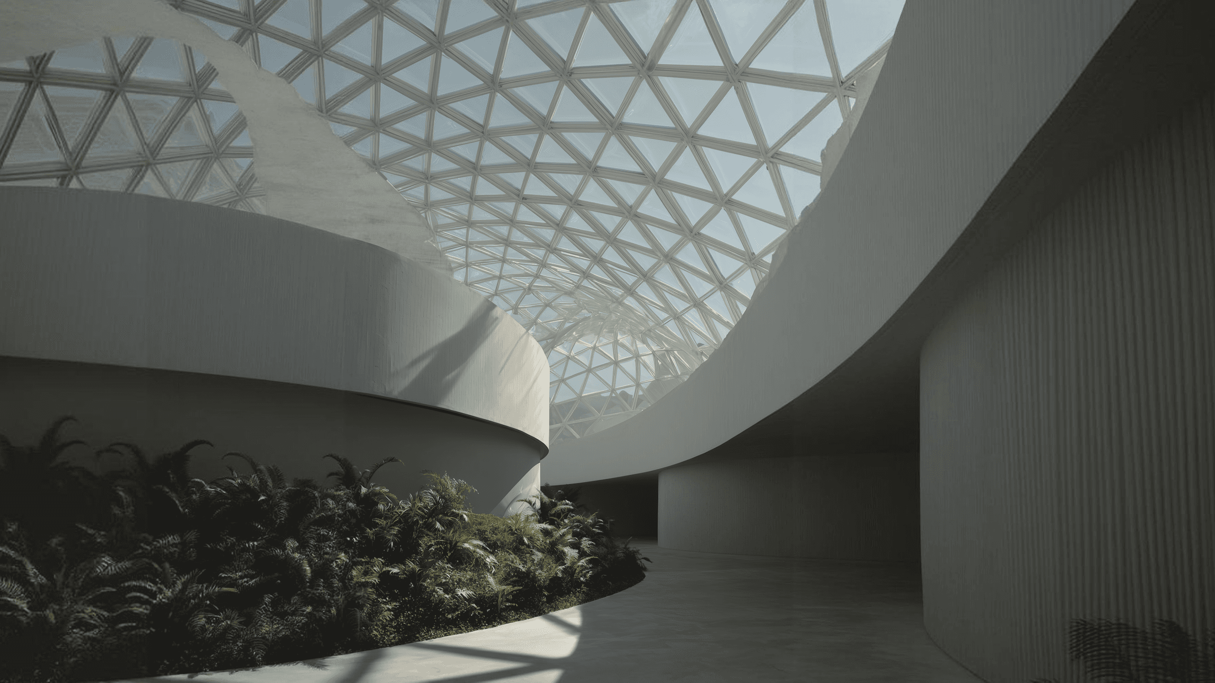 A modern architectural interior featuring a curved structure and a geometric skylight, with a minimalist design.