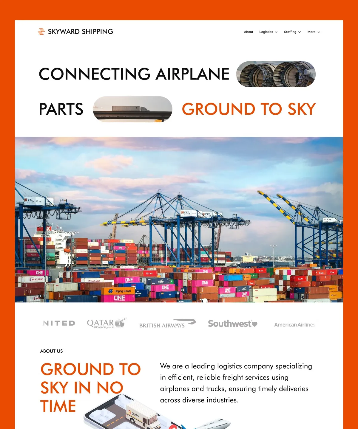 Shipping company website homepage featuring images of airplane parts, cargo containers, and cranes, emphasizing logistics and efficient freight services across diverse industries.