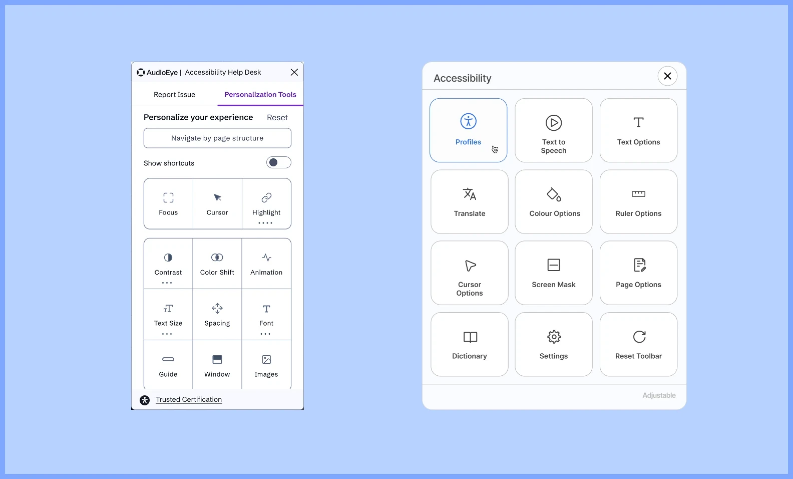 Screenshots of AudioEye and Adjustable