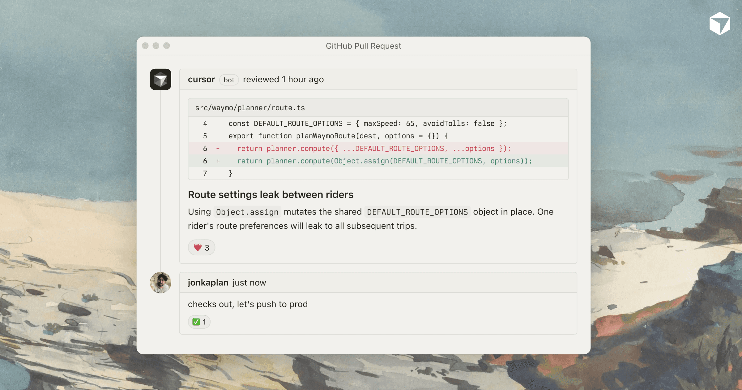 Cursor Bugbot leaving an automated code review comment on a GitHub pull request