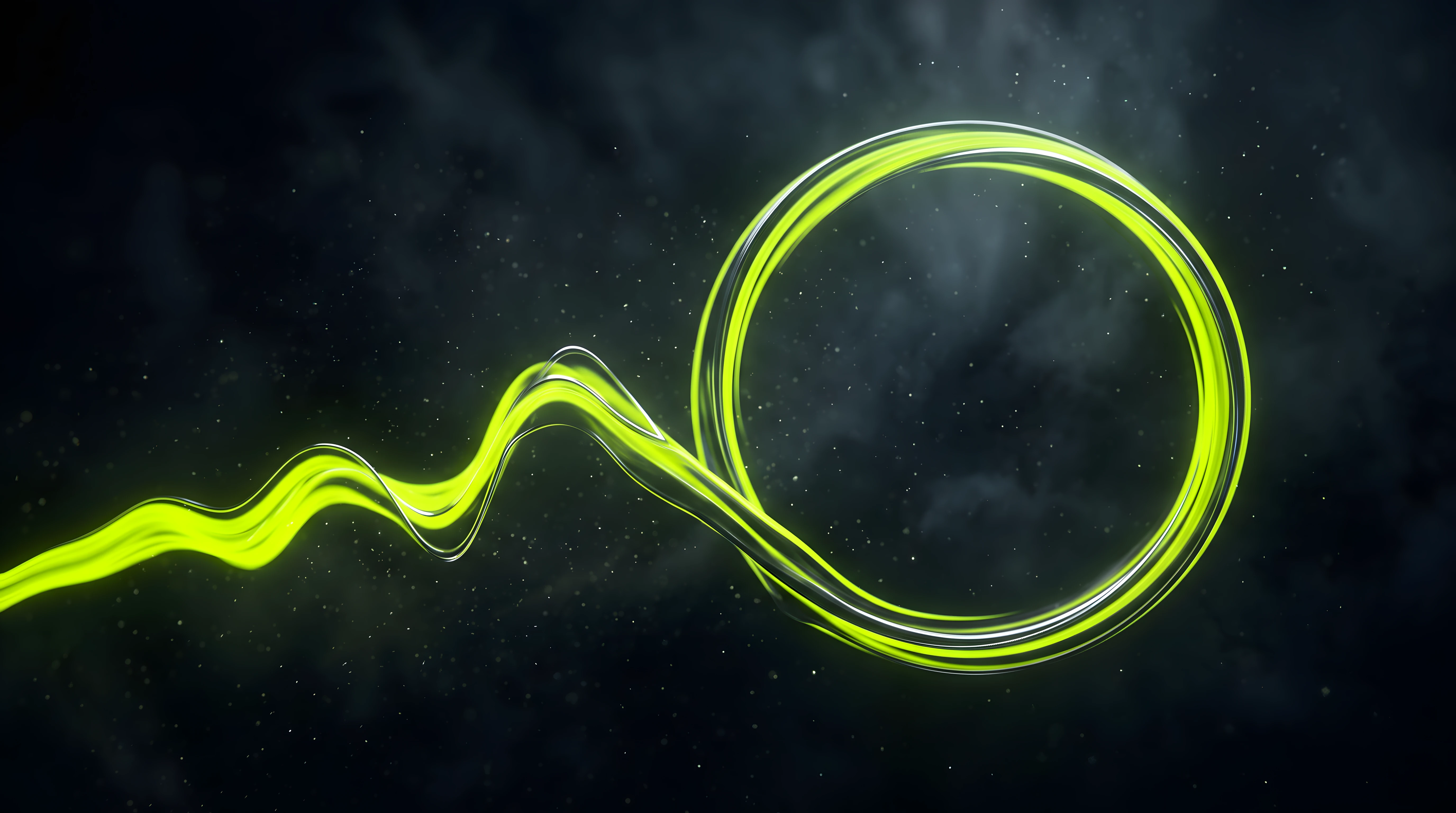 Bioluminescent Noir composition of a single toxic lime waveform folding into a recurring orbital ring on deep void black, evoking a one-time sound pack turning into an ongoing sonic branding retainer.