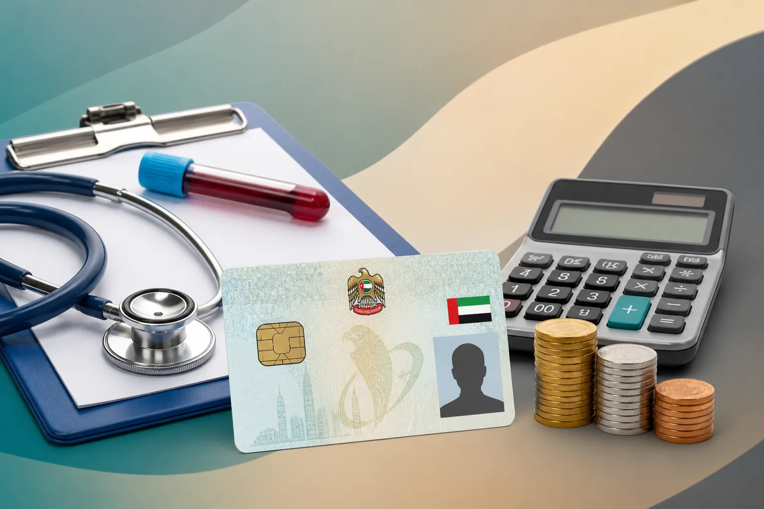 Medical Test and Emirates ID Cost for a UAE Residence Visa beside a passport, residence