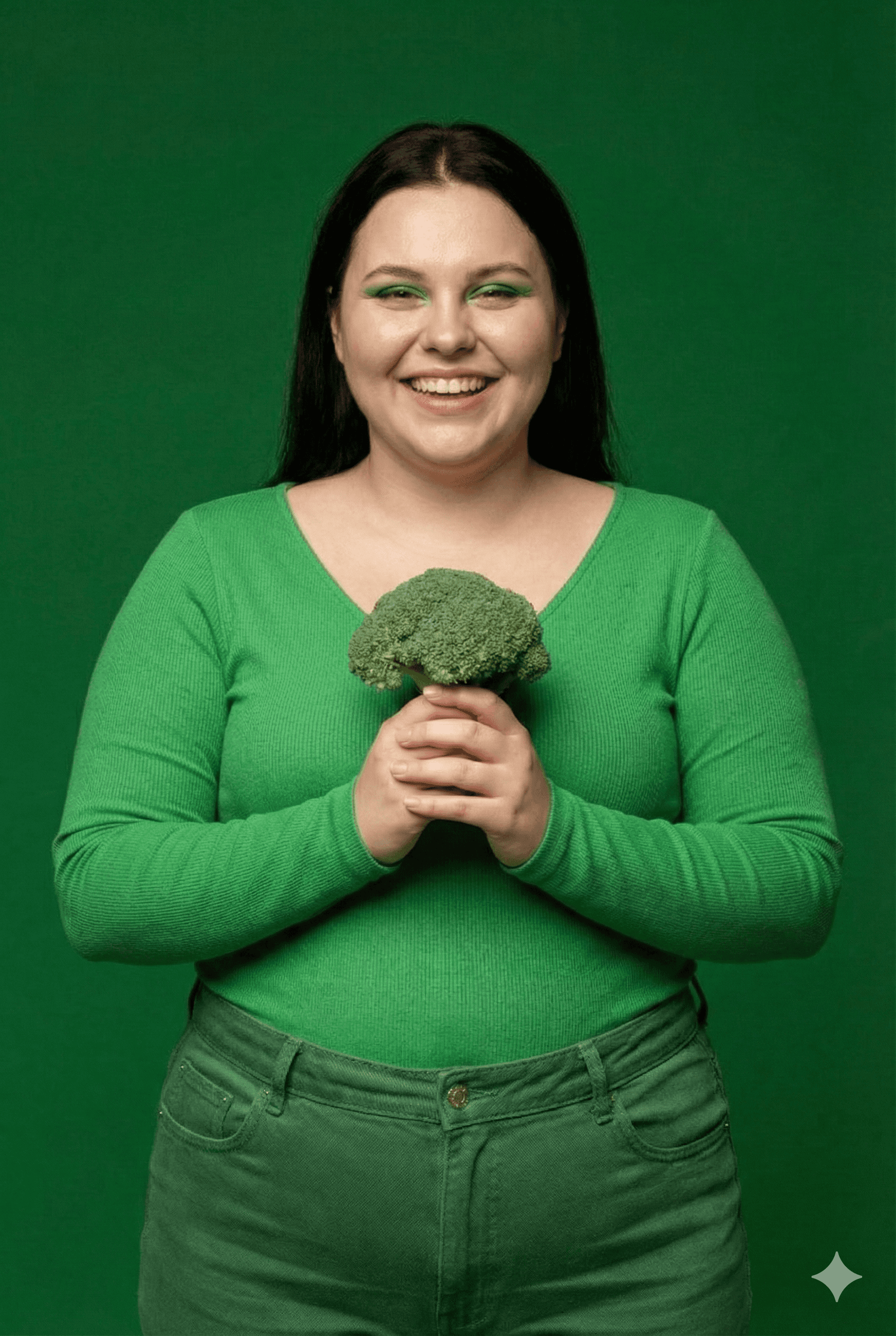 une femme obese qui mnage healthy qui porte dans ses main des brocoli defi #boosttonmicrobiote