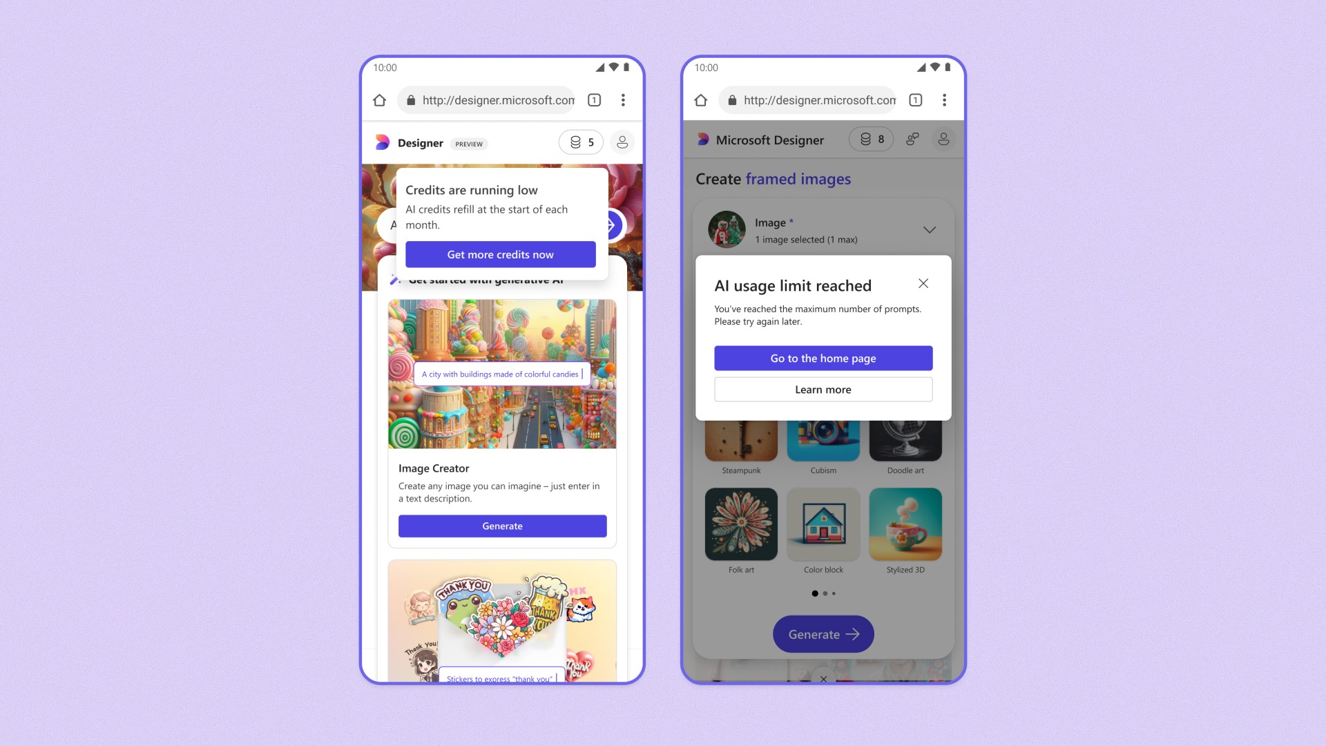 Mobile web versions of the Microsoft Designer homepage with credit messages