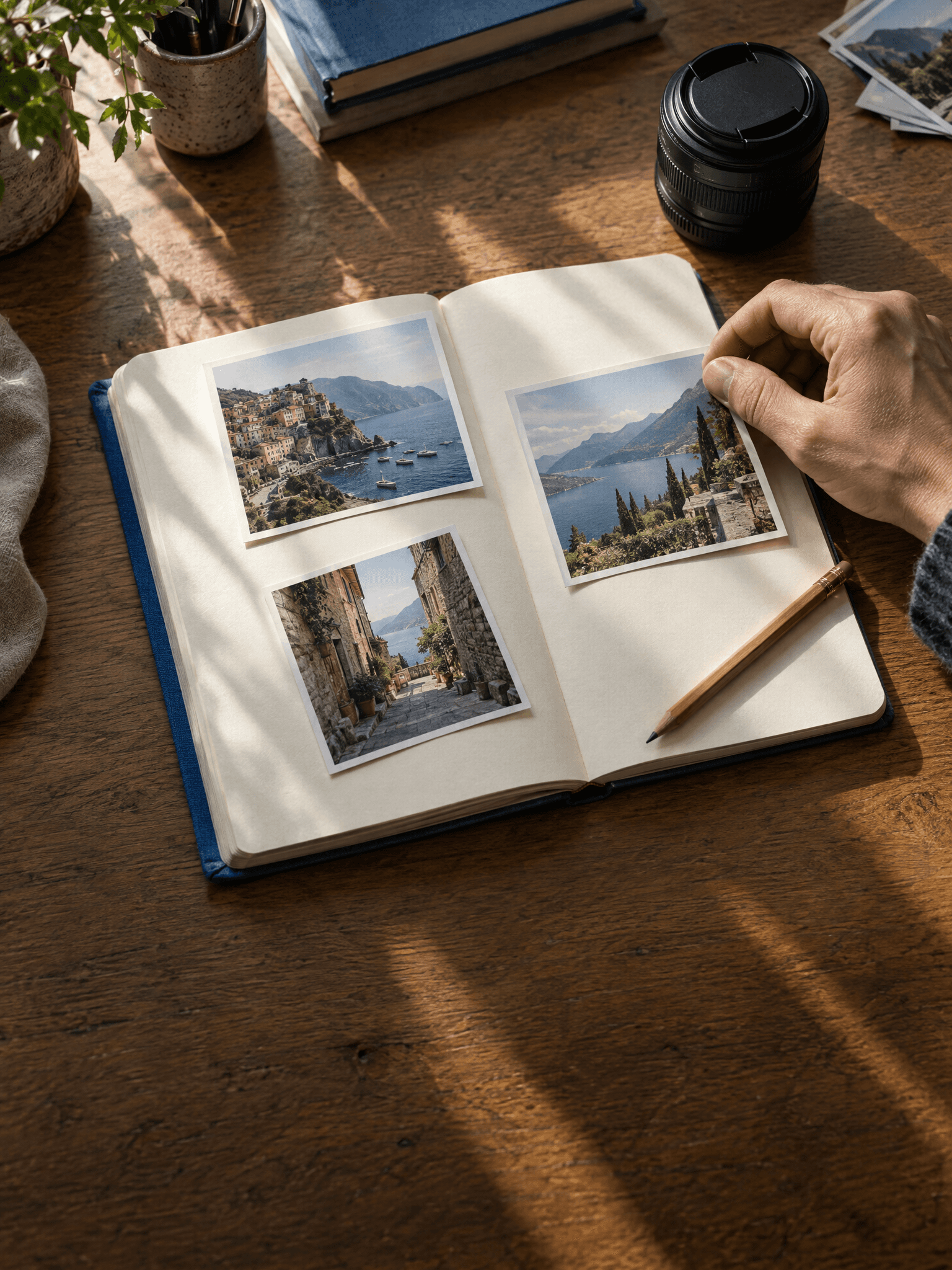 Illustrative notebook with travel photographs and a camera lens