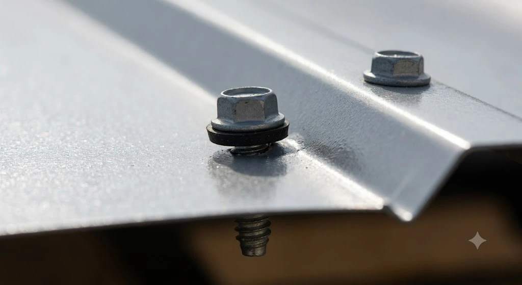 Gasketed screw with neoprene washer correctly driven through the flat of a 5V crimp metal panel
