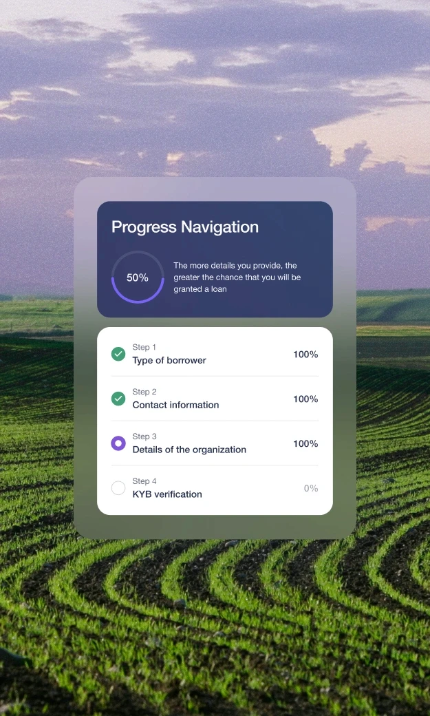 Progress navigation interface overlaid on a scenic background of a green agricultural field with patterns in the crops. The interface displays a progress bar indicating 50% completion and the message 'The more details you provide, the greater the chance that you will be granted a loan'. Below, it shows four steps: Step 1 - Type of borrower (100% completed), Step 2 - Contact information (100% completed), Step 3 - Details of the organization (100% completed), and Step 4 - KYB verification (0% completed).