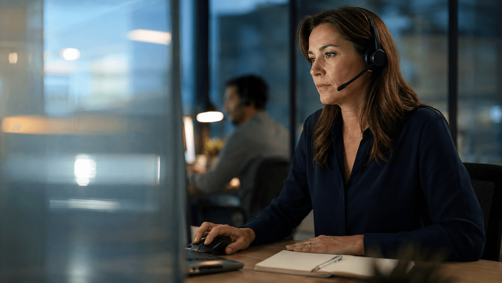 A customer-service specialist listens to a caller while working through a servicing request.