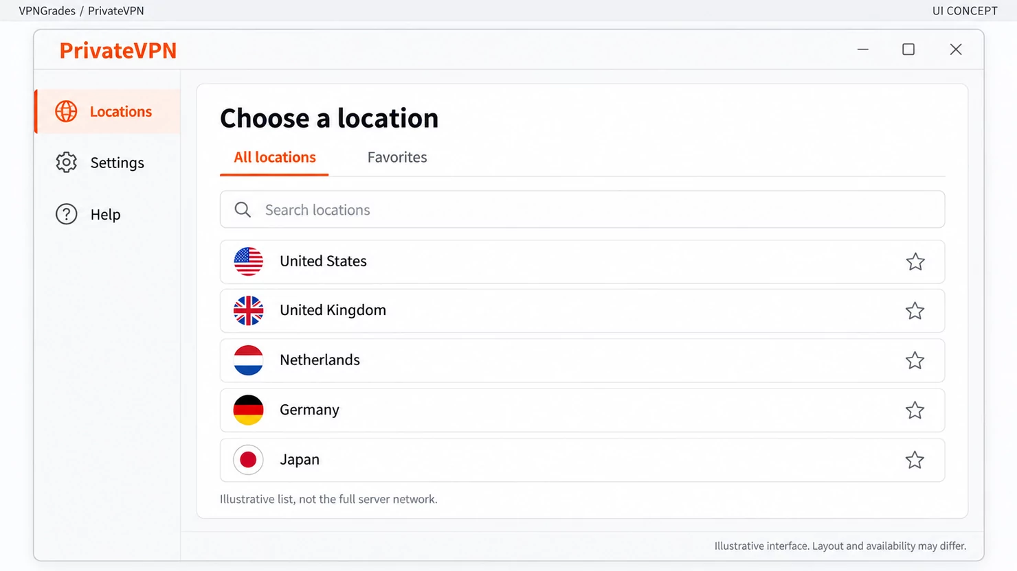 PrivateVPN: a location picker concept (illustration).