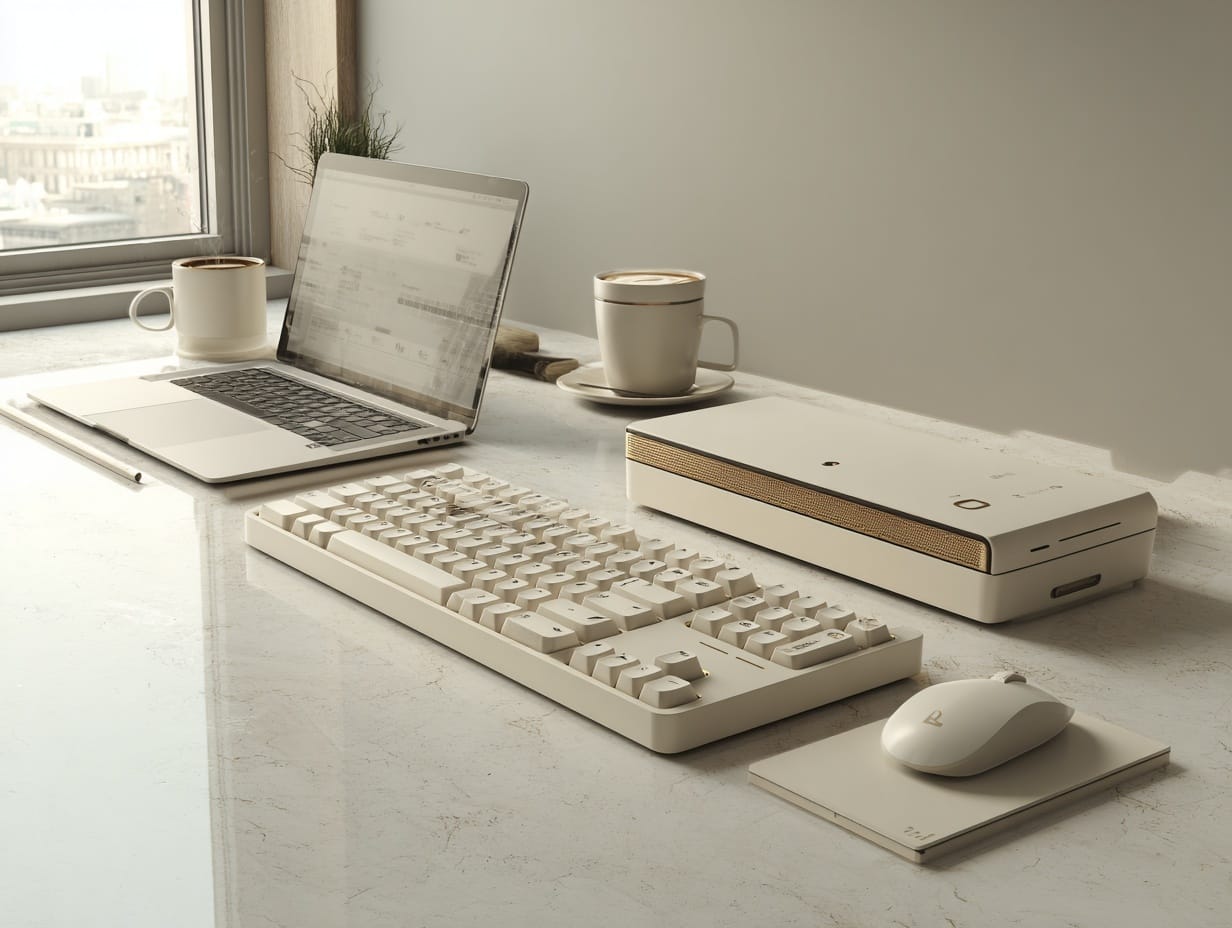 A futuristic yet realistic concept of next-generation distraction-free writing hardware in a modern workspace.