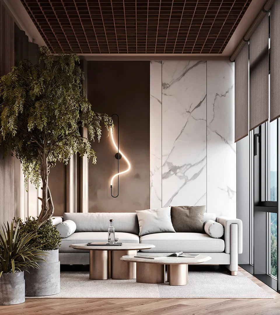 City Studio Zurich office lounge with marble feature wall, modern sofa seating, and indoor tree