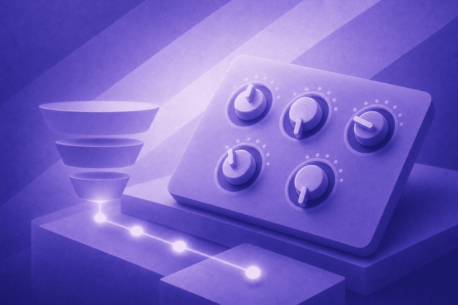A clean B2B business visualization showing five interconnected control levers or dials arranged in a modern dashboard layout, each lever in a different position suggesting adjustment and optimization. Abstract geometric shapes represent sales funnel stages flowing downward, with glowing nodes at key transition points. Dark navy blue and teal color palette with subtle gradient highlights. Professional, minimalist design aesthetic suggesting precision and control over a complex system. No text, labels, or numbers anywhere in the image.