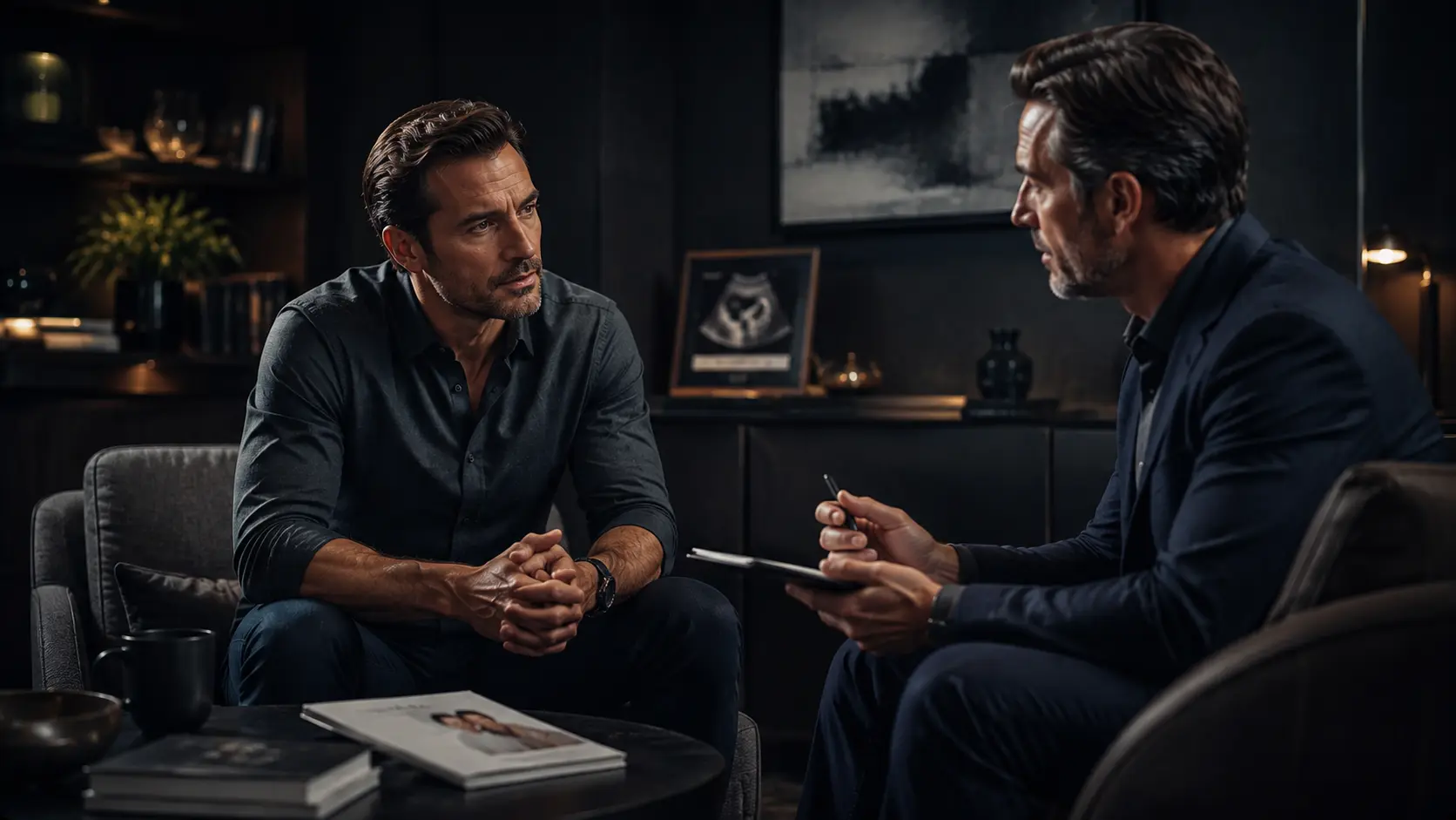 Two men in conversation seated in a dark office