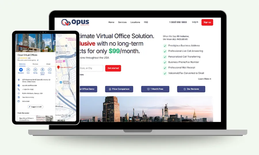 Opus Virtual Offices homepage on laptop and tablet showing services and location map.