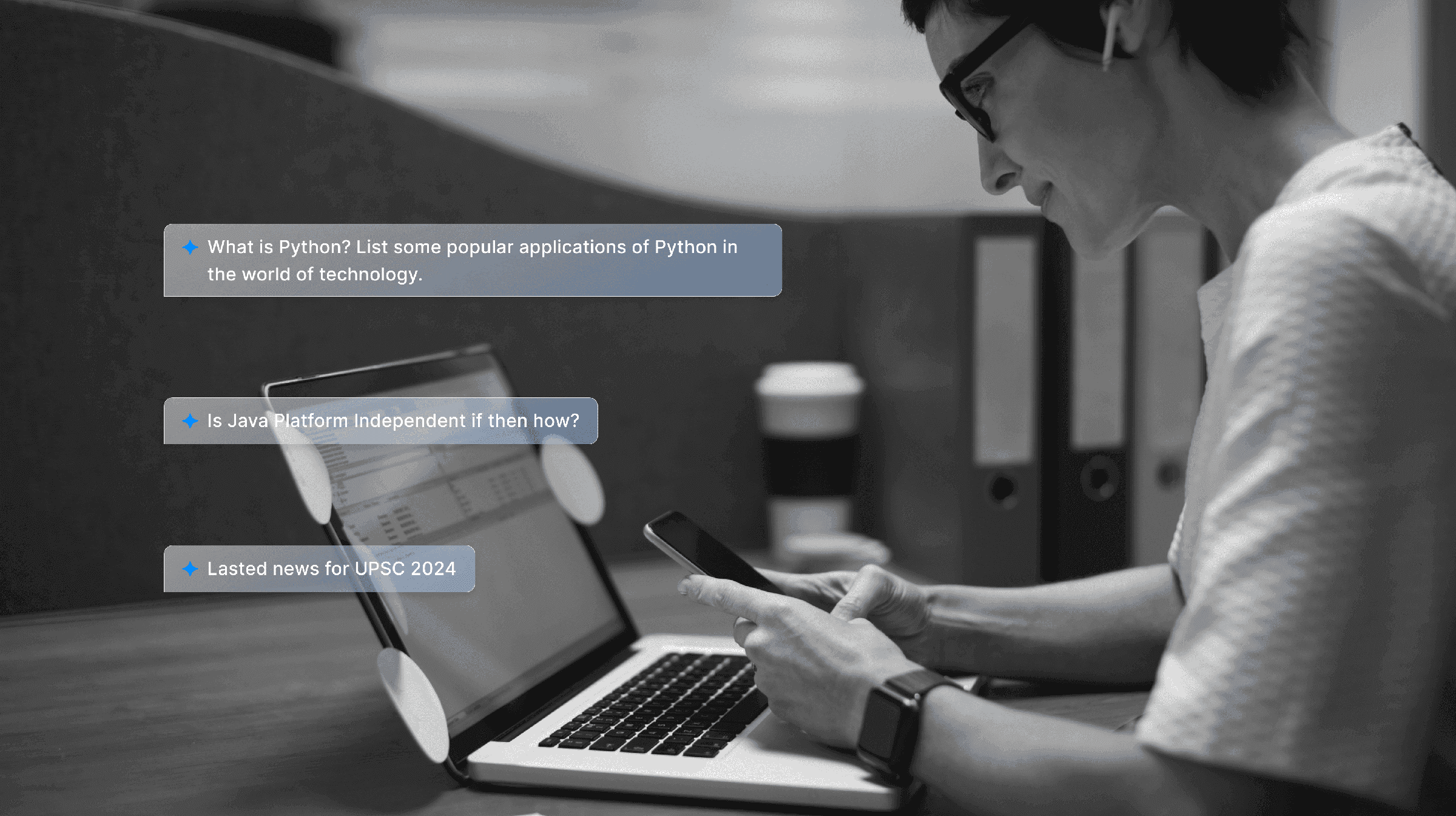 Student studying with a laptop and phone, with UAIM feature callouts for exam question answers