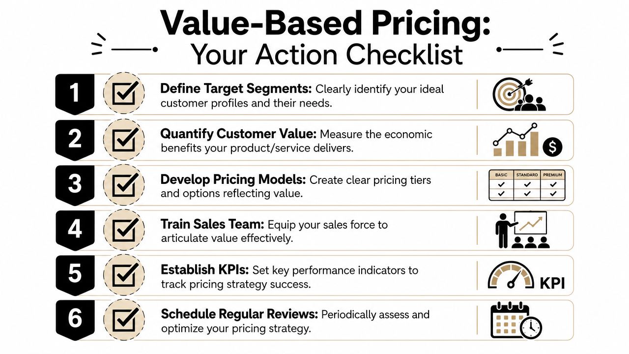 A checklist infographic detailing six essential steps for implementing a value-based pricing strategy for businesses.