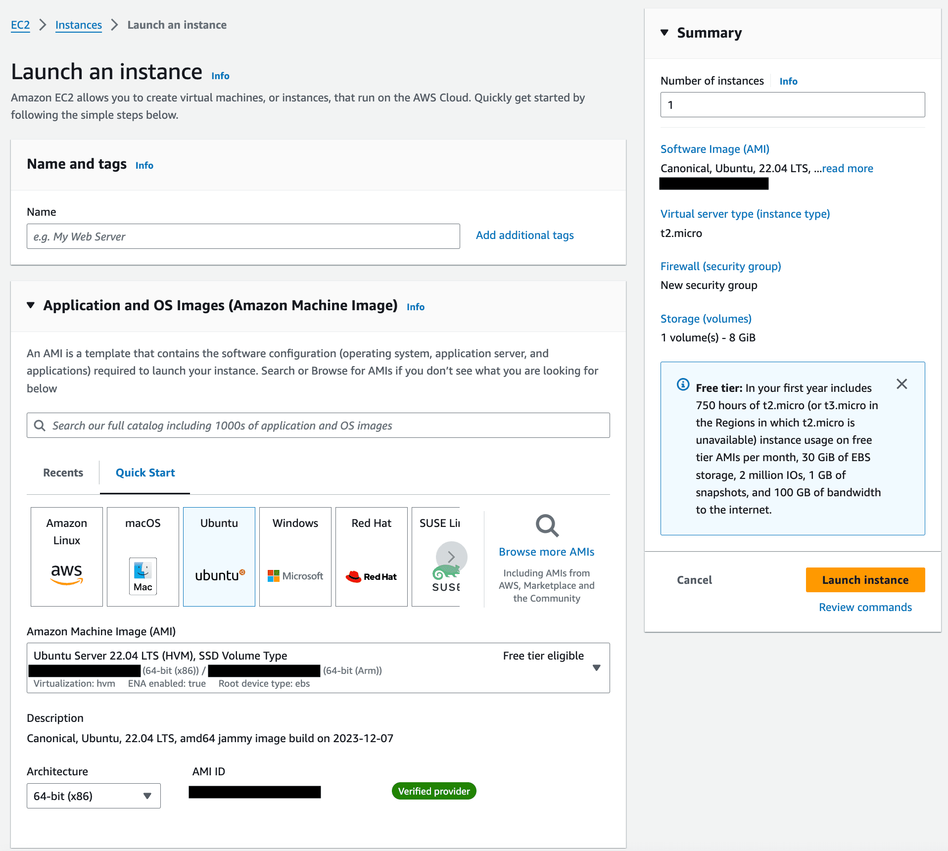 EC2 Instance Creation Page