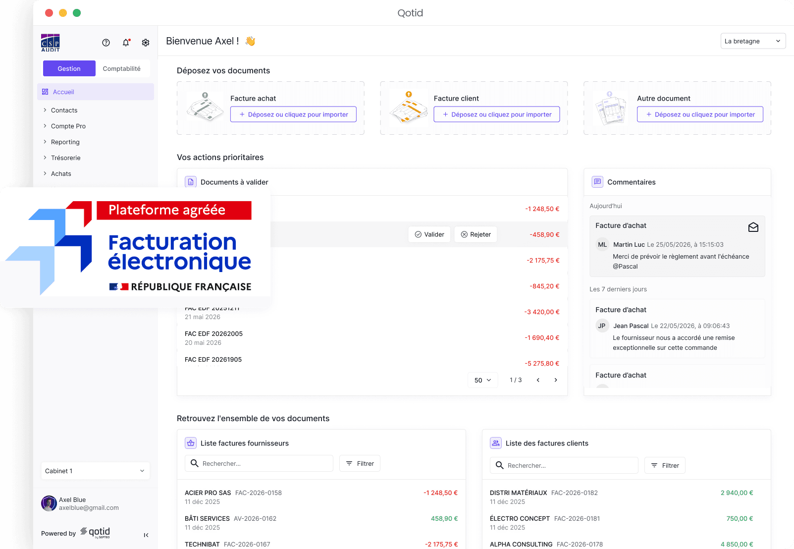 Plateforme agréée Qotid de facturation électronique permettant aux PME et groupes de piloter leurs finances, gérer leurs factures et respecter la réforme 2026.