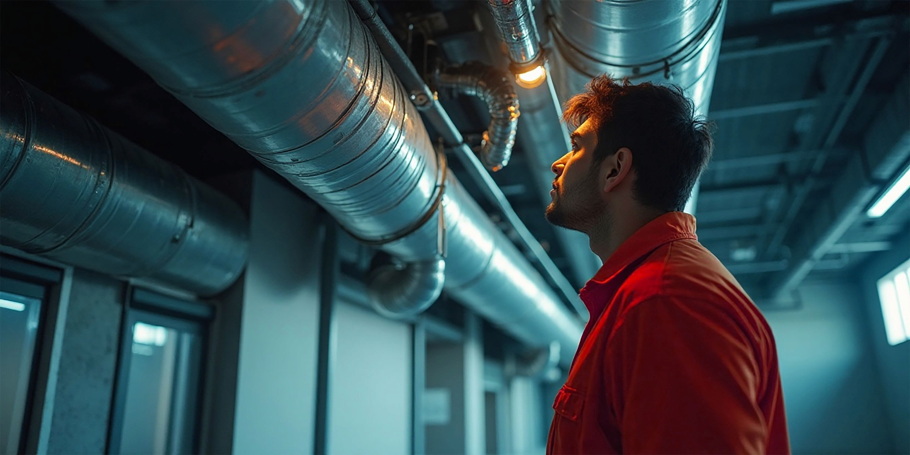 Man looking at commercial duct work