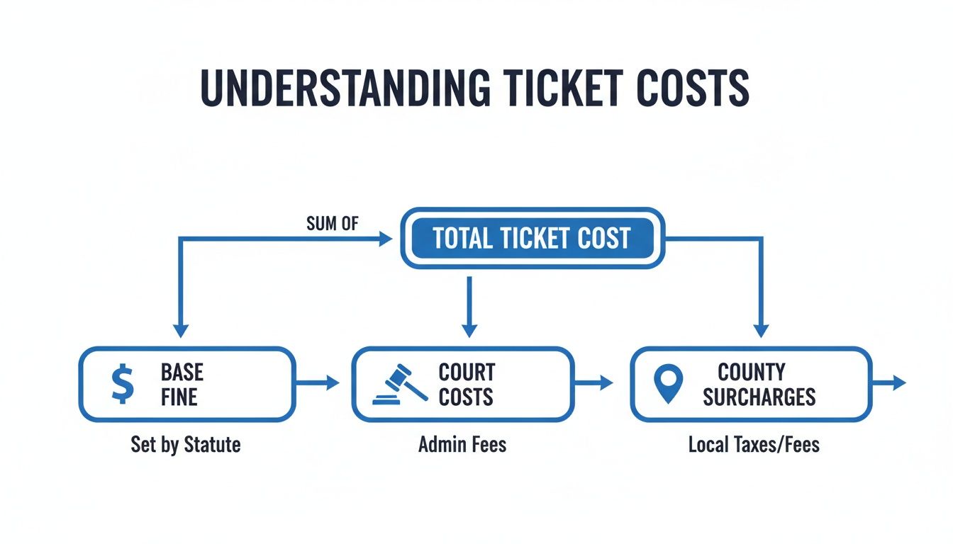 An infographic flowchart illustrates how ticket costs are determined, including base fine, court costs, and county surcharges.