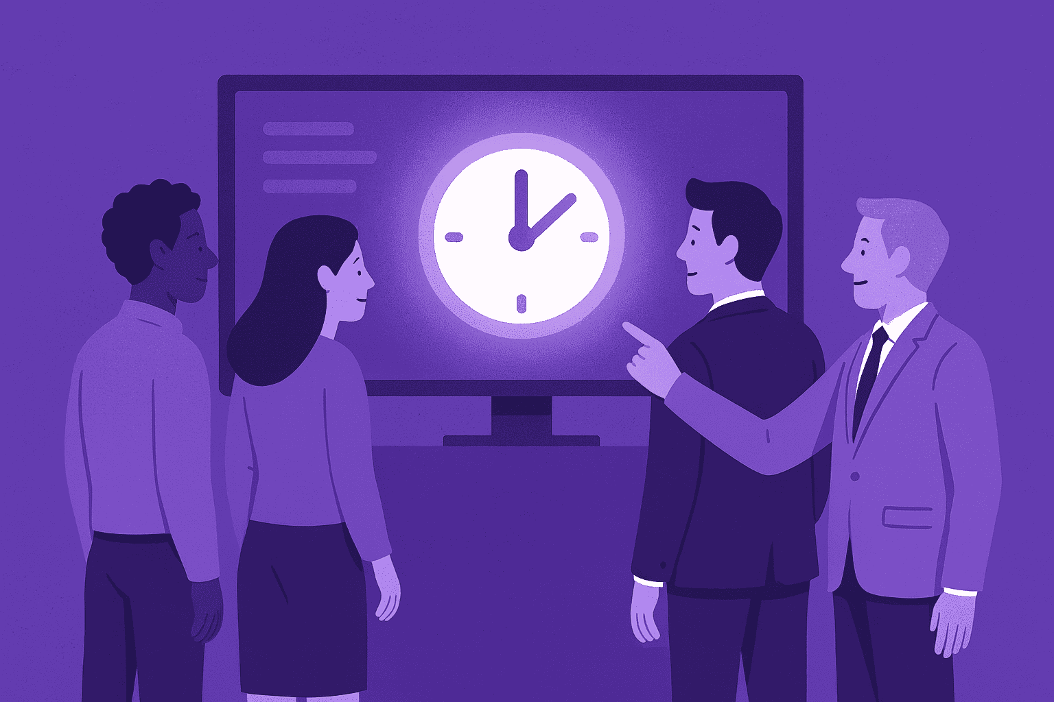 Flat-style digital illustration of a diverse group of professionals and a leader standing together, looking at a glowing dashboard with a clock icon, symbolizing collaboration, alignment, and mutual trust in managing time and productivity.